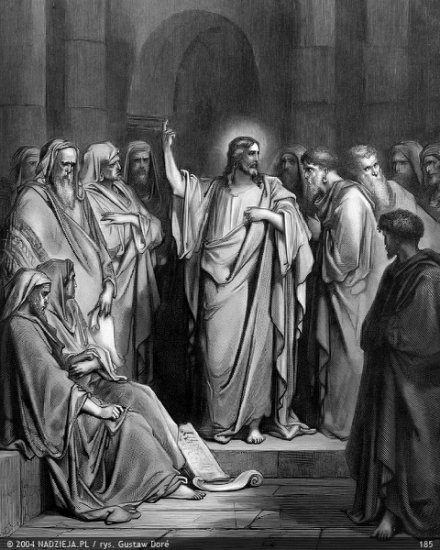 Grafiki Gustawa Dor do Biblii Jakuba Wujka - 185 Jezus w synagodze Ś. Łukasz 4,16.jpg